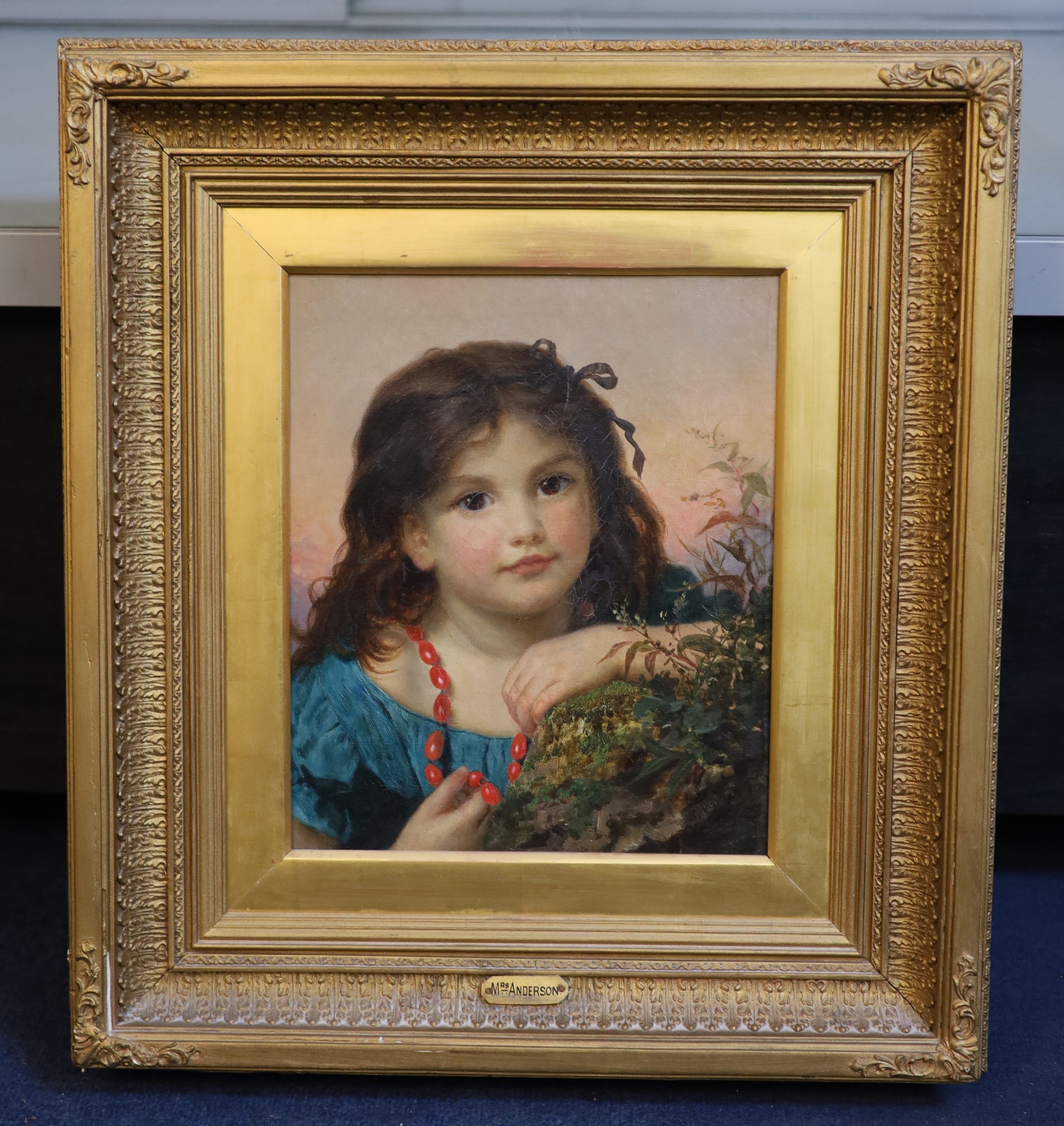 Sophie Anderson (1823-1903), Portrait of a girl with a rosehip necklace, oil on canvas, 30 x 25cm